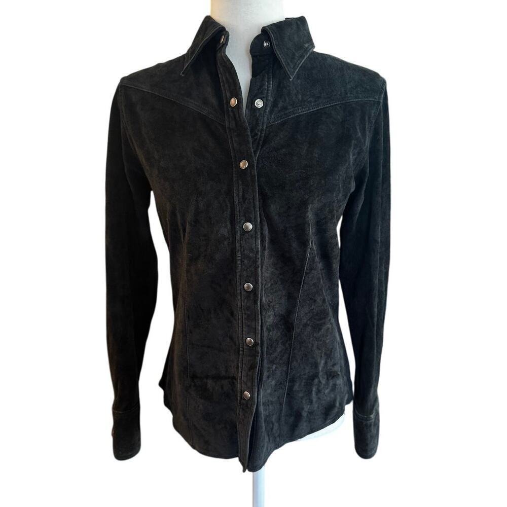 Eddie Bauer Seattle Suede Black Button-Up Shirt XS 100% Leather Washable - Picture 2 of 8